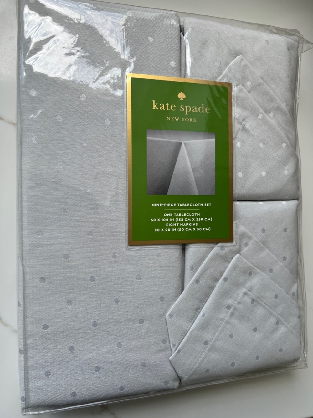 Kate Spade Light Gray Polka Dot Table cloth and (8) linen napkins NWT - Picture 3 of 5